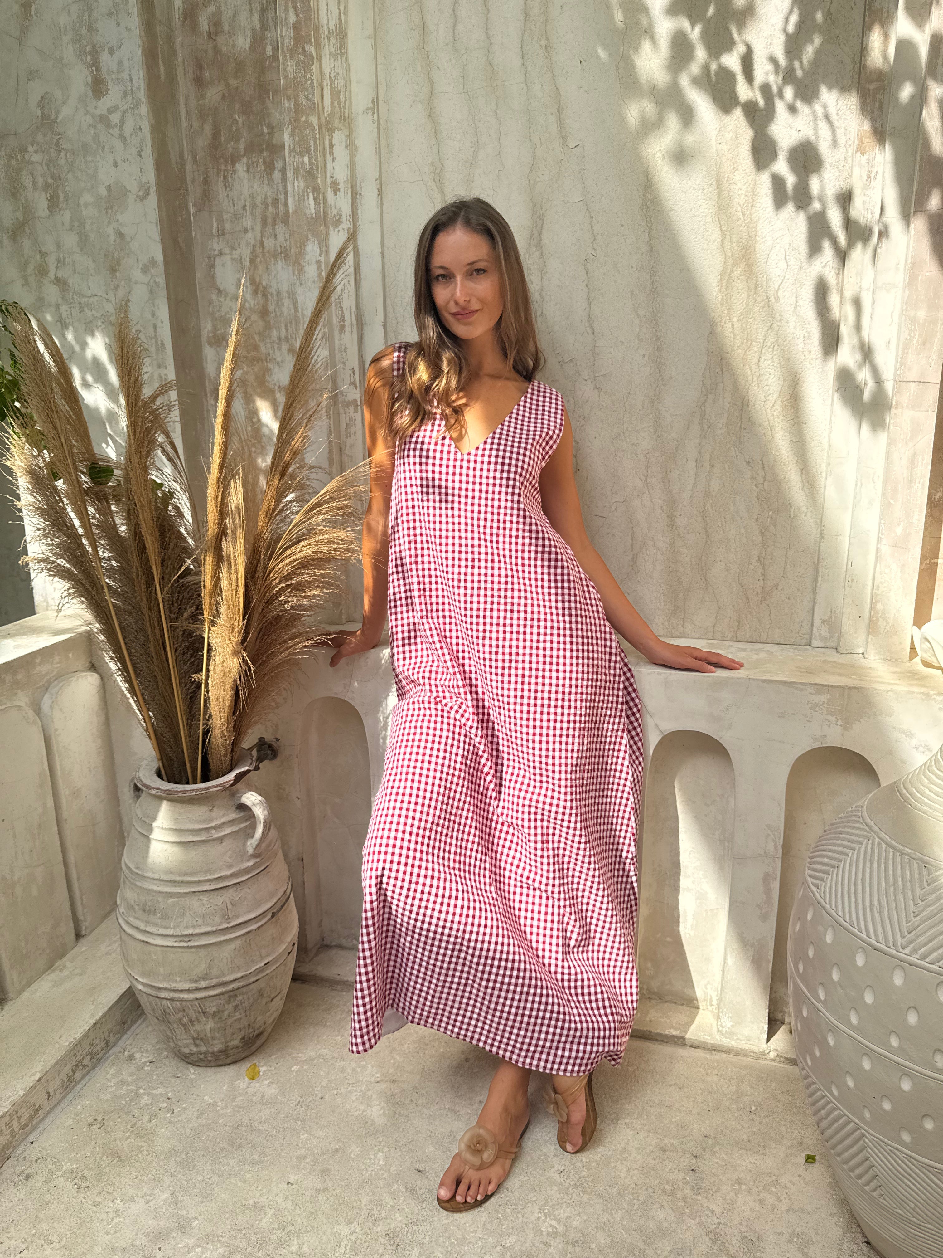 Red check Gili maxi dress coastal resort editorial — quiet luxury summer style, Puka The Label