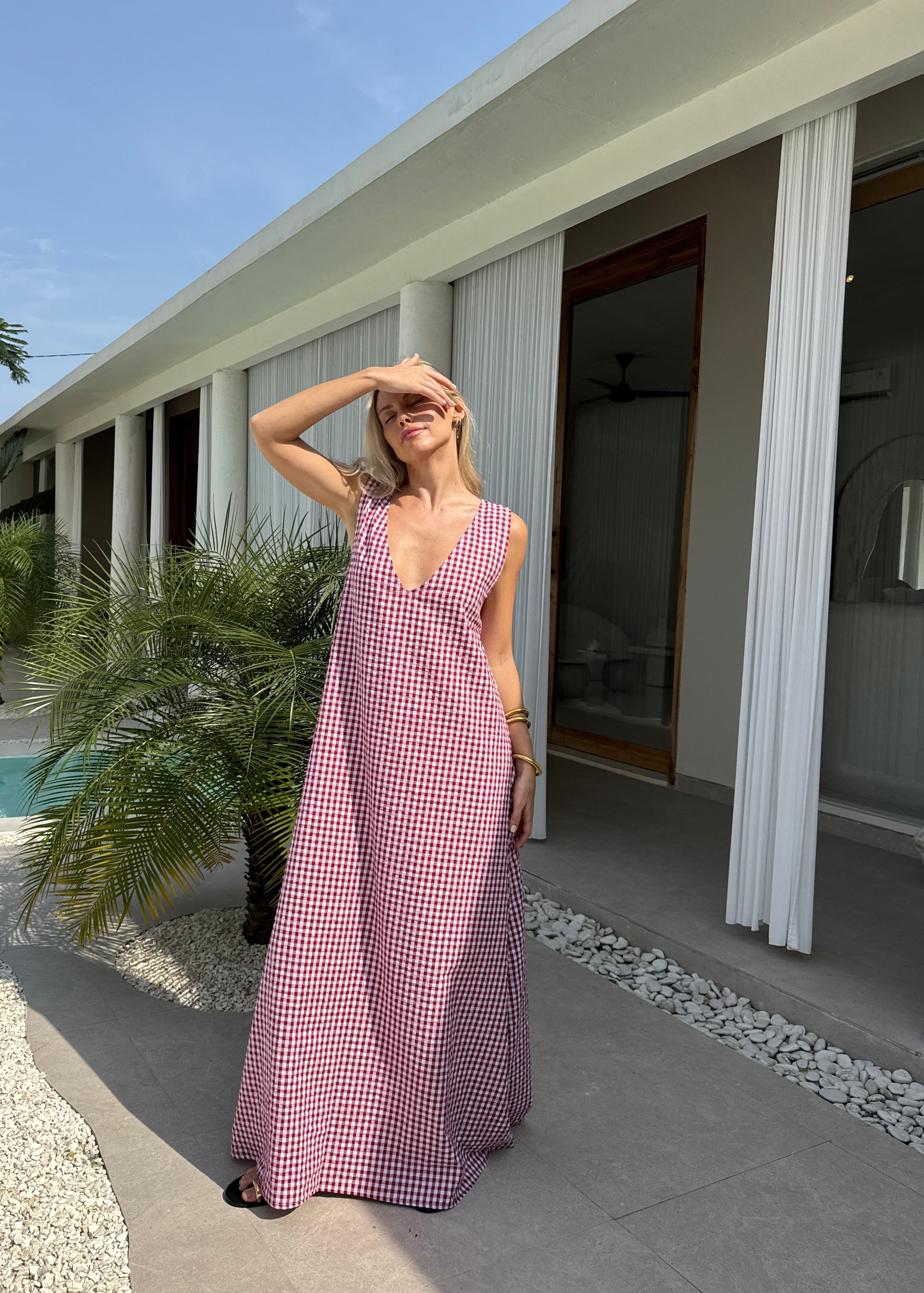 Red check cotton Gili maxi dress — Nantucket and Cape Cod quiet luxury summer style, Puka The Label
