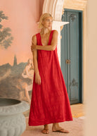 Red cotton maxi dress Memorial Day weekend outfit 2026, bold statement dress for outdoor BBQ, beach party, and summer kickoff celebration