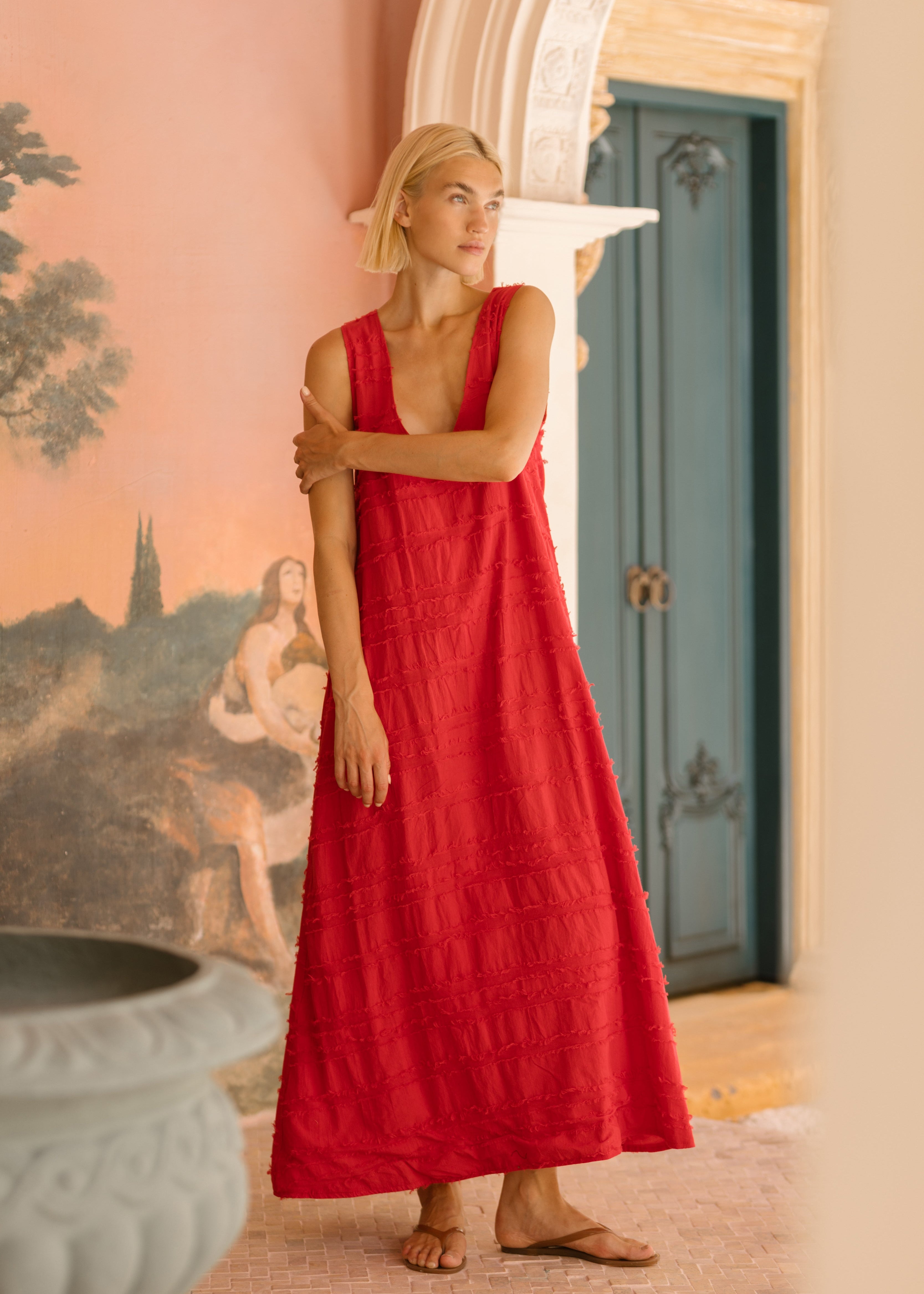 Red cotton maxi dress Memorial Day weekend outfit 2026, bold statement dress for outdoor BBQ, beach party, and summer kickoff celebration