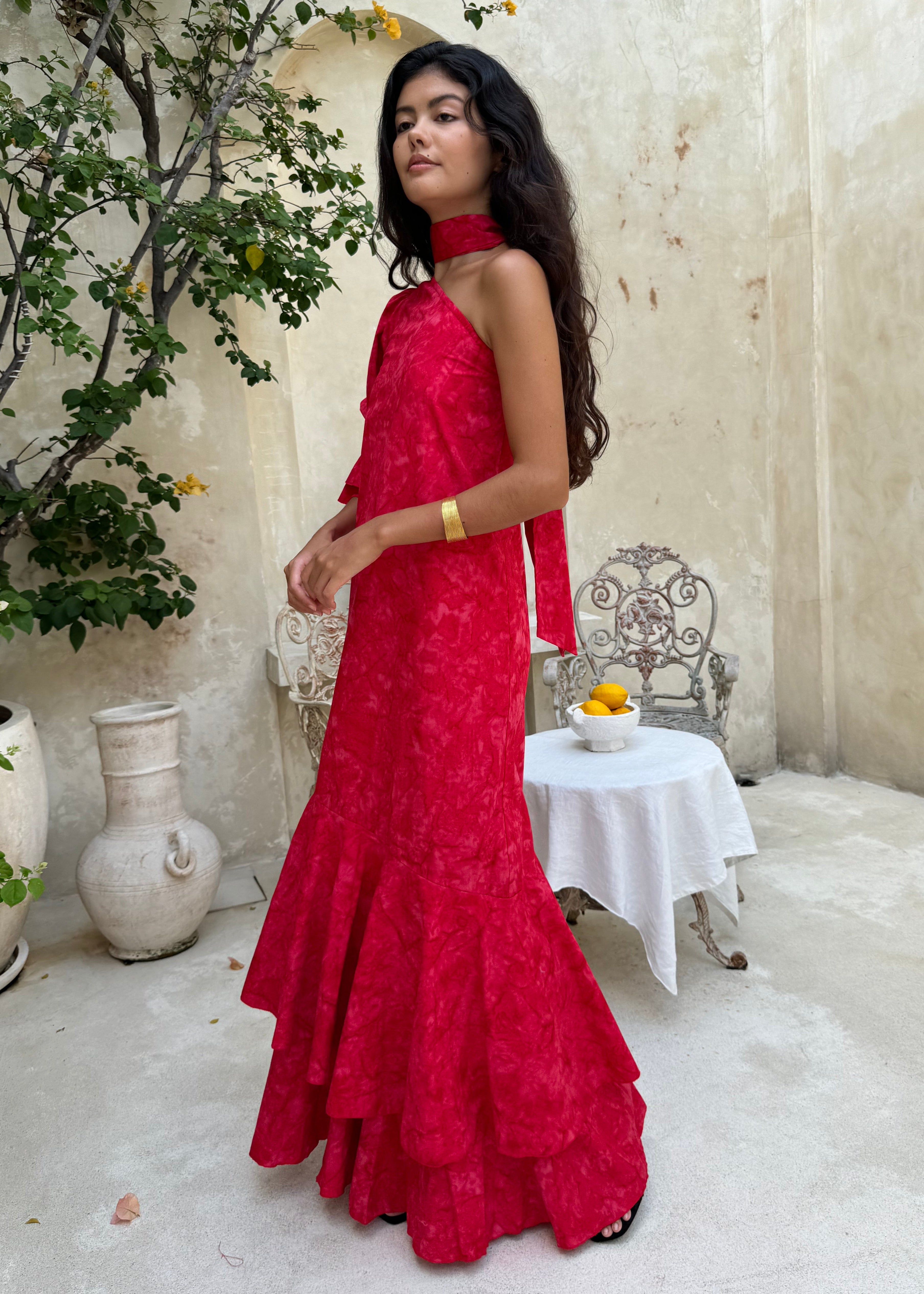 Ruffle Maxi Dress in Red | Hand-Dyed Cotton Maxi Dress