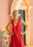 Red feather print maxi dress Cinco de Mayo outfit idea 2026, festive cotton dress for outdoor fiesta, rooftop party, and summer celebration
