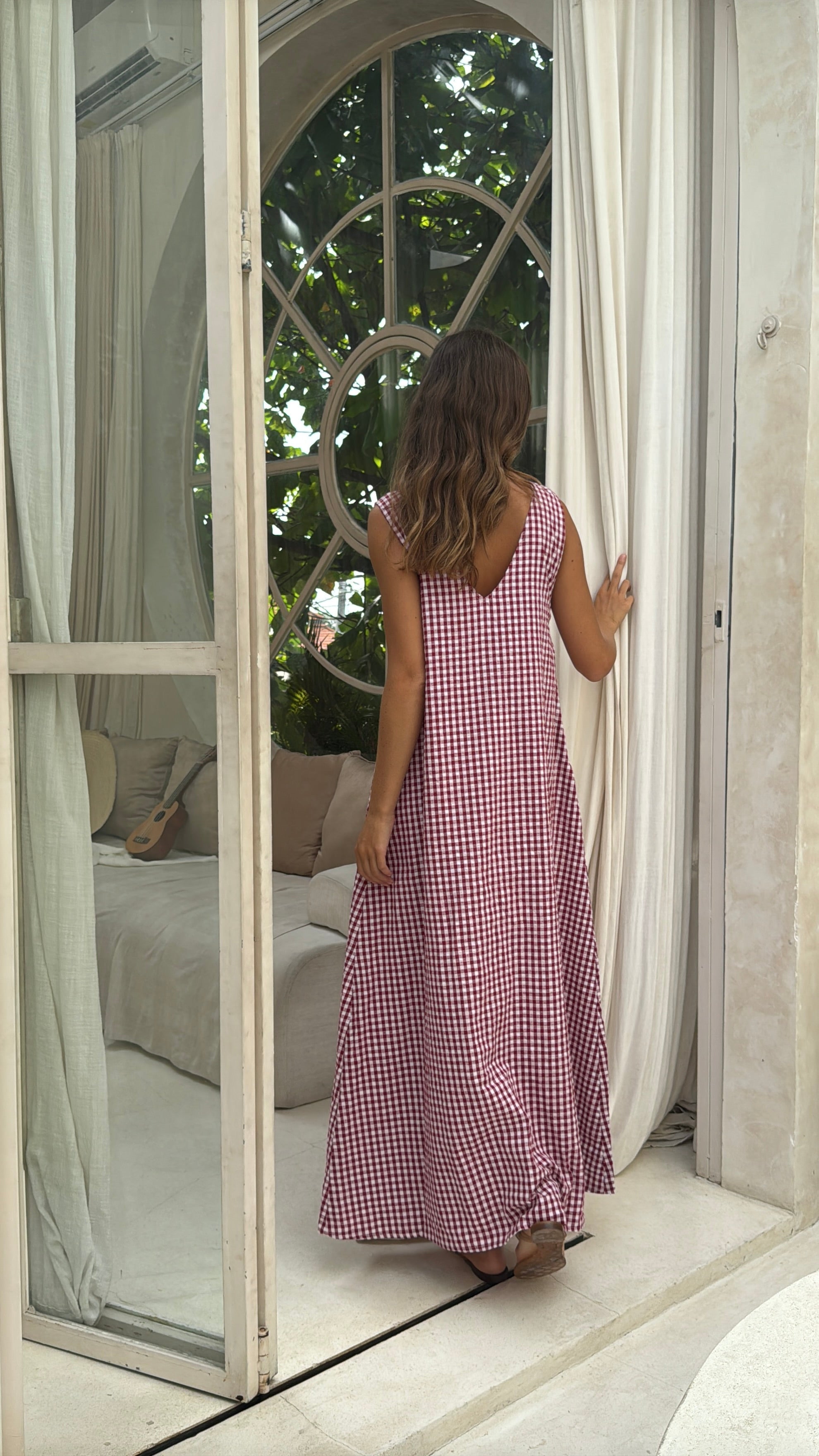red maxi dress cotton Brick Red 100% Cotton Cinched Waist Flared Maxi Dress 36" / Custom Height (Free)