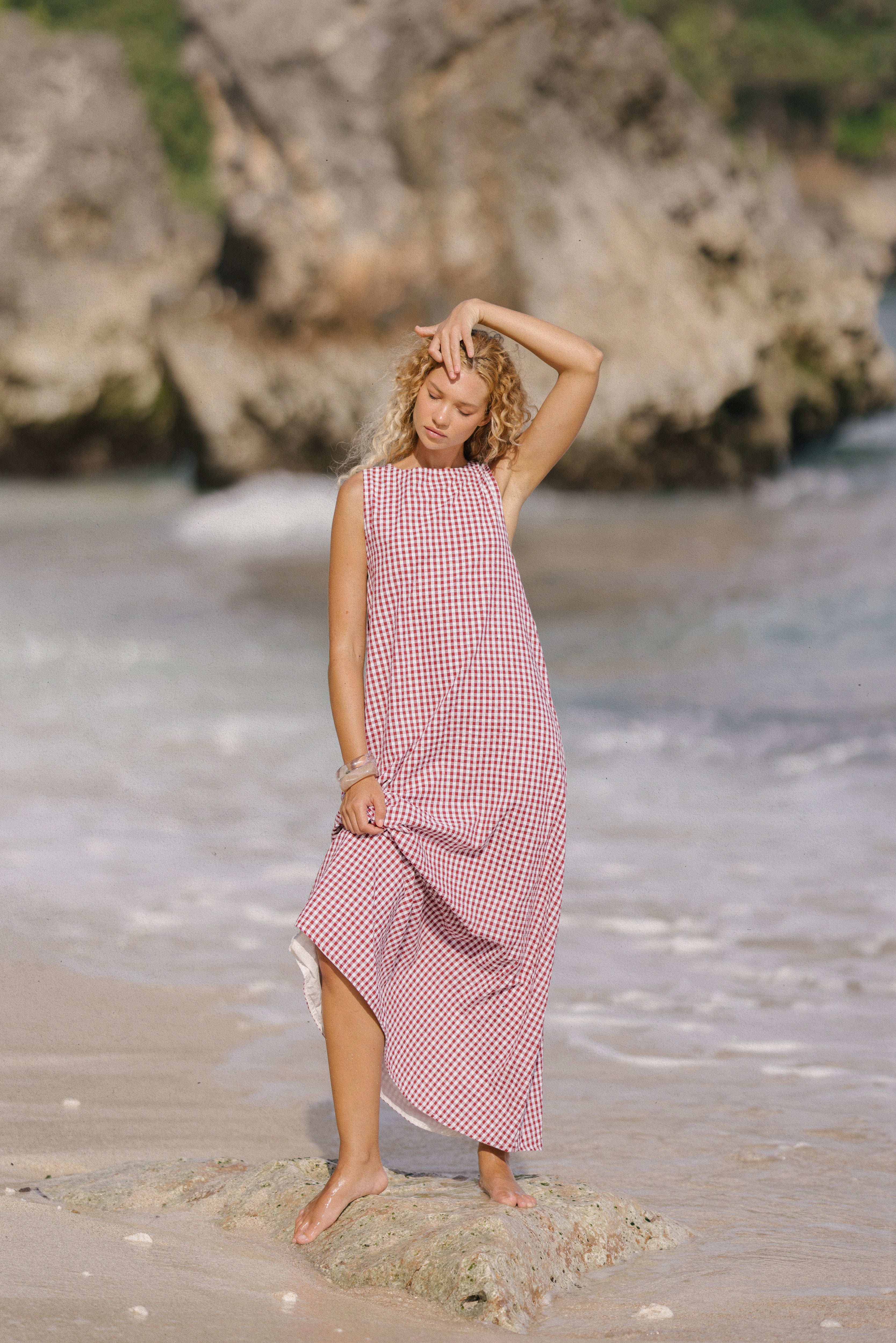 Red gingham Gili maxi dress — 4th of July patriotic outfit idea for women, Americana summer style, Puka The Label