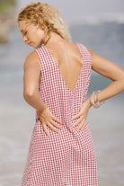 Red gingham Gili maxi — bump-friendly lined cotton maternity beach vacation dress, Puka The Label