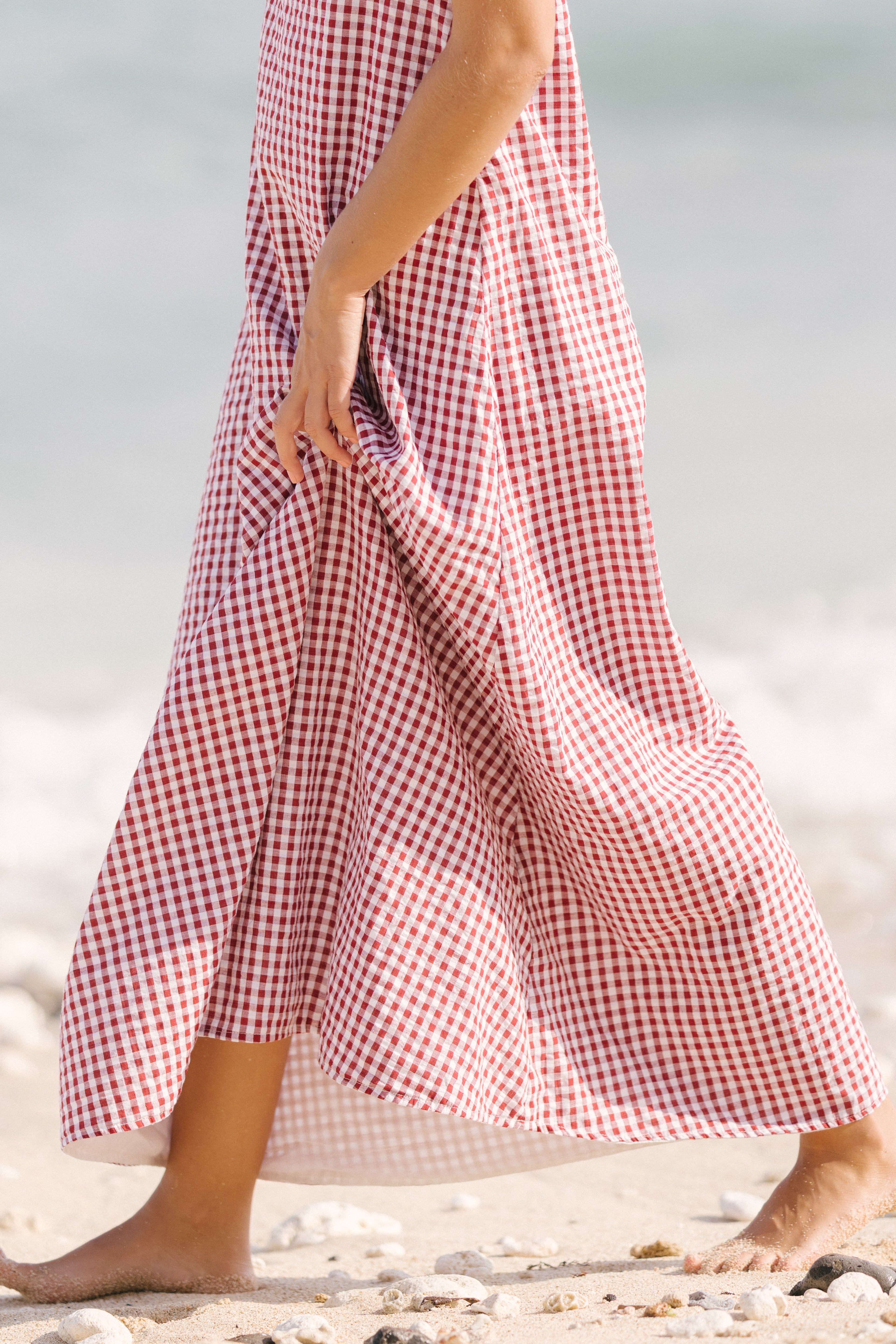Red gingham Gili maxi dress full-length front view — 100% cotton lined reversible maxi, Puka The Label