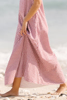 Red gingham Gili maxi dress full-length front view — 100% cotton lined reversible maxi, Puka The Label