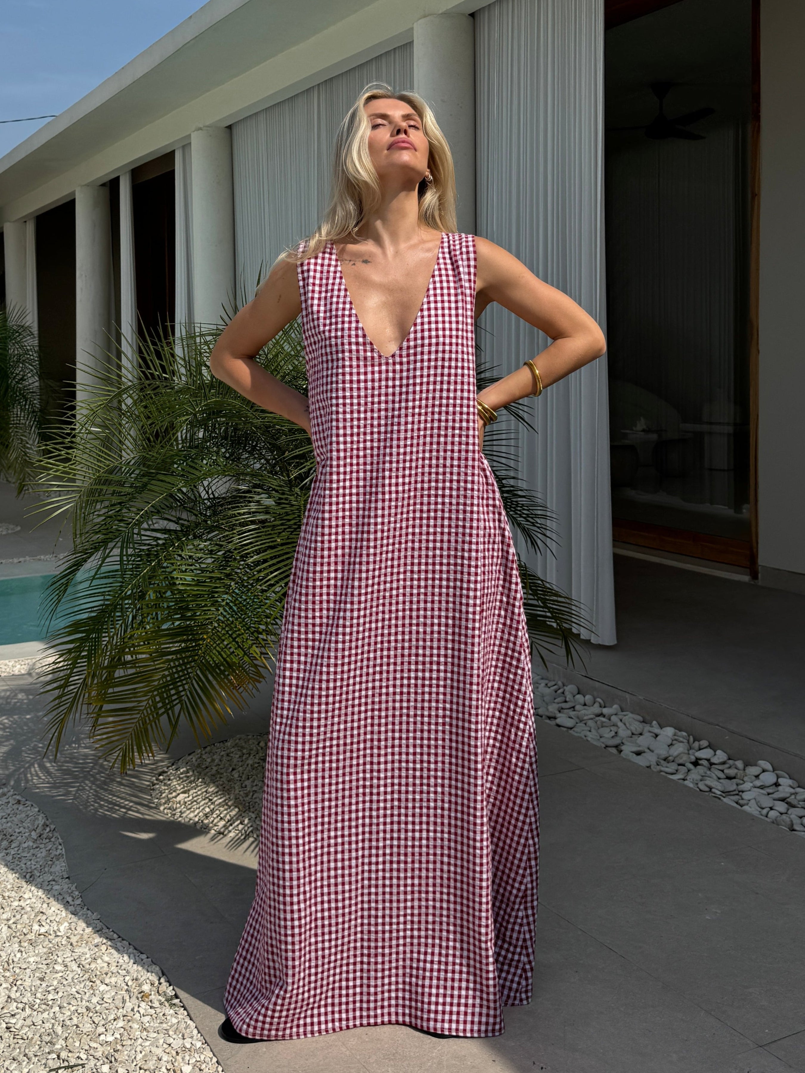 What to wear in the Hamptons 2026 — red gingham cotton Gili maxi dress, Puka The Label