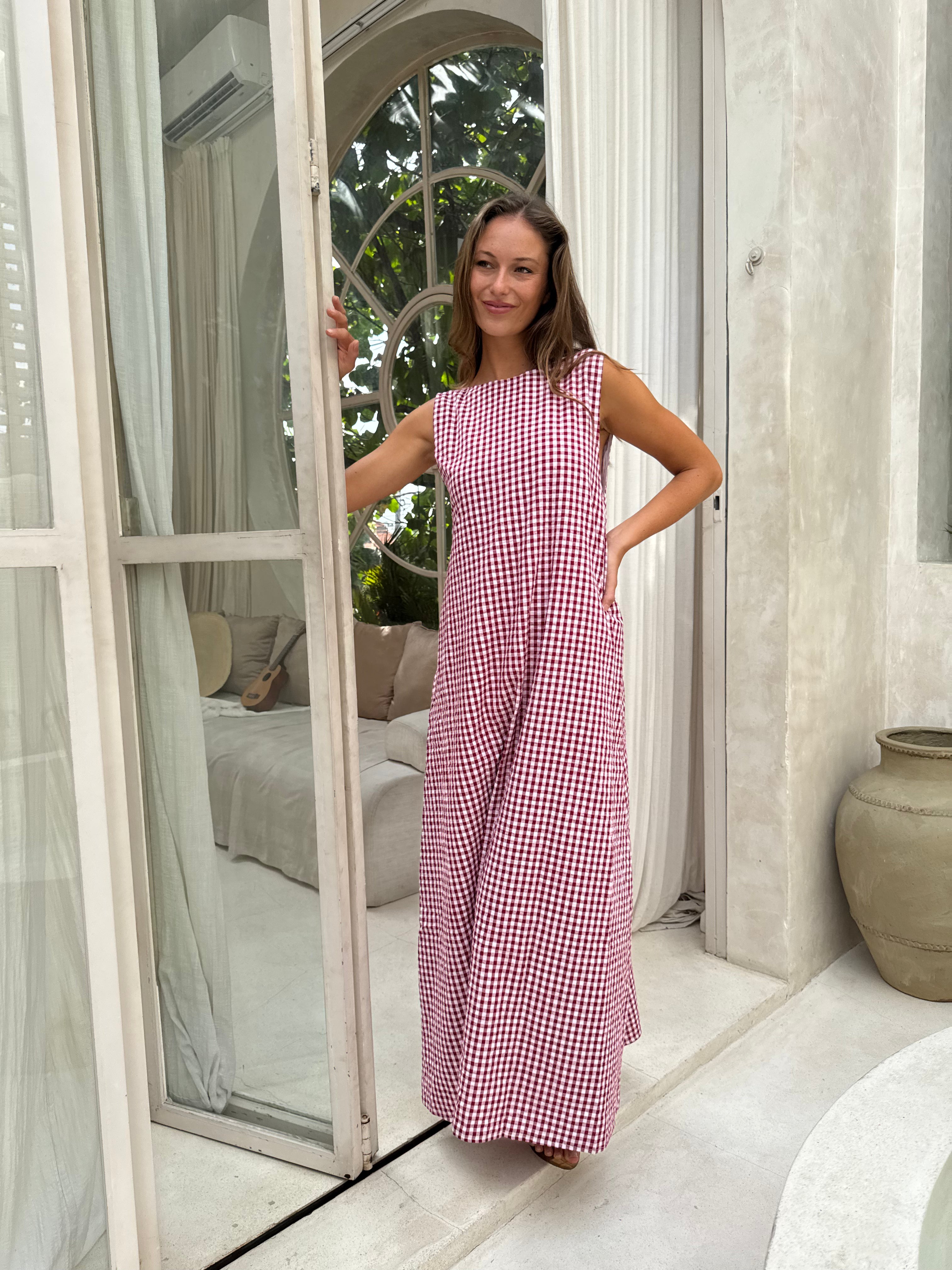 Maroon Gingham Gili Maxi Dress | Cotton Maxi for 4th of July, Hamptons & Beach Vacation