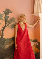 Red maxi dress graduation party outfit 2026, bold cotton dress for outdoor summer ceremony, garden celebration, and milestone event
