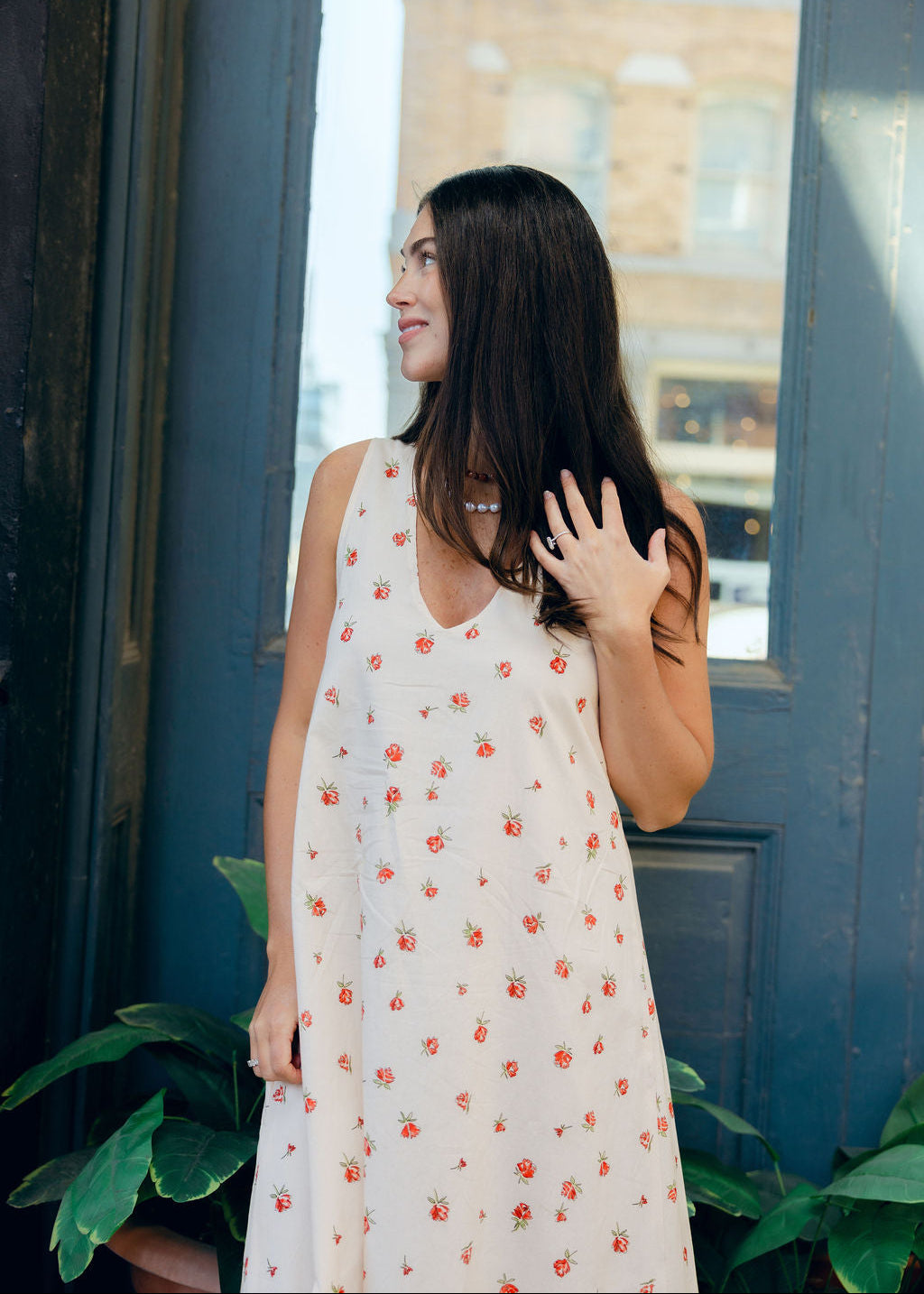 Red Posey Gili Dress high neck style, reversible floral maxi dress detail by Puka The Label