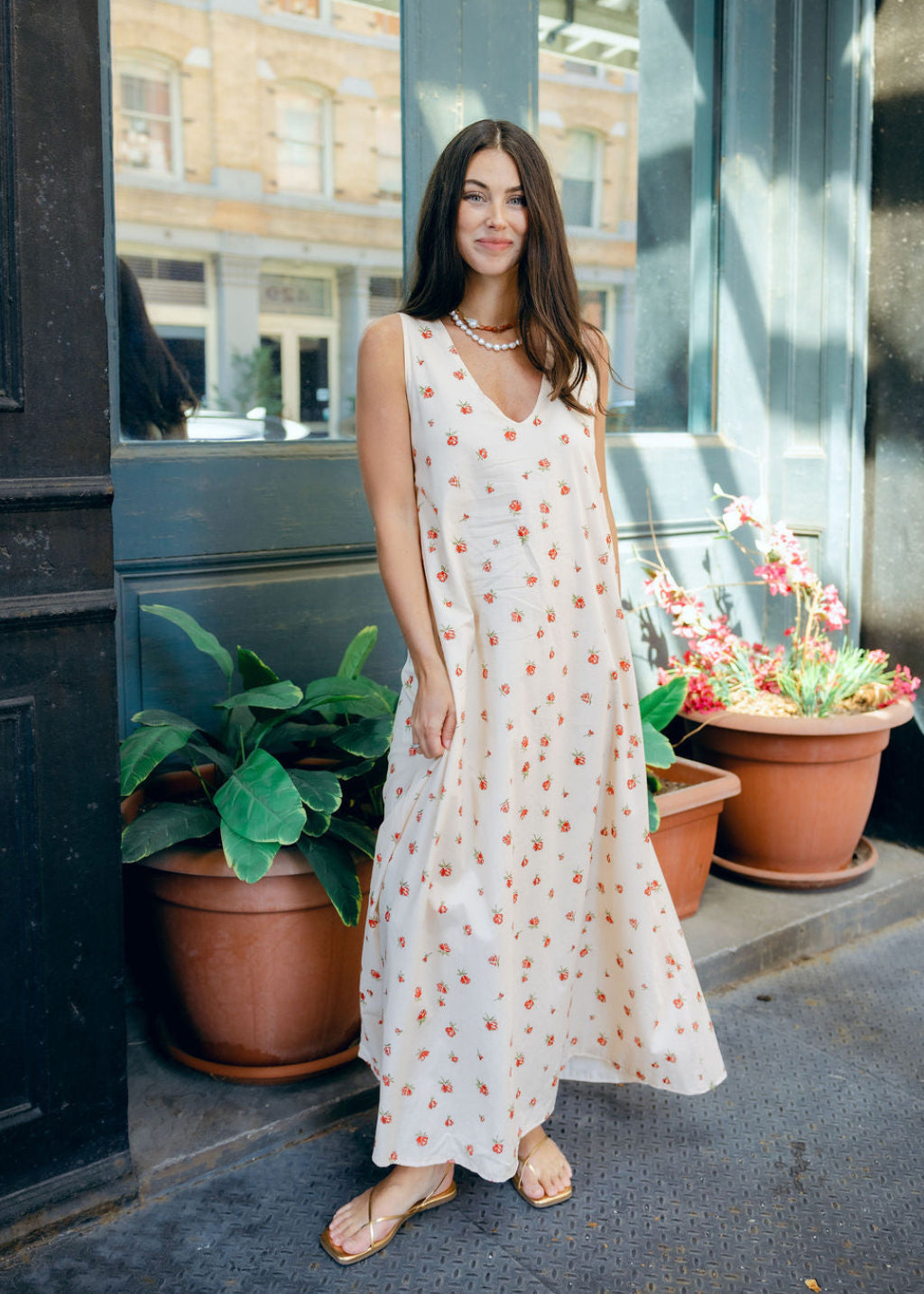 Red Posey Gili Dress V-neck full length by Puka The Label, reversible floral cotton maxi dress