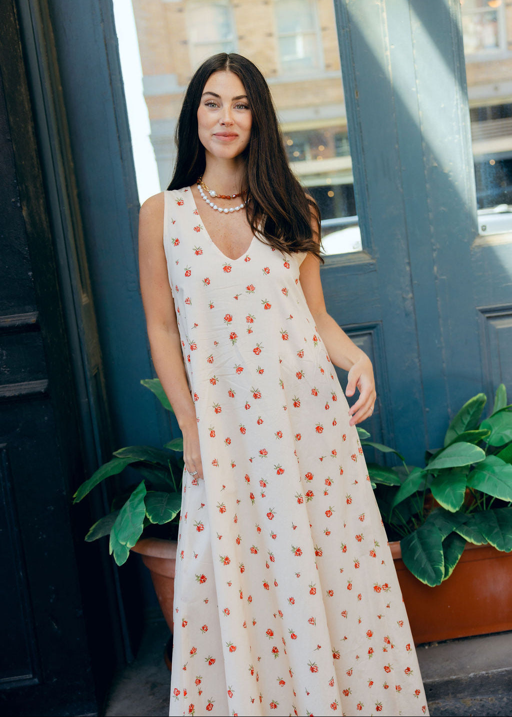 Red Posey Gili Dress by Puka The Label, cream floral maxi with V-neck reversible neckline