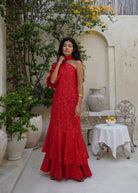 Red ruffle maxi dress rehearsal dinner outfit idea, coastal outdoor wedding guest dress elegant and flowy. Ruffle dress