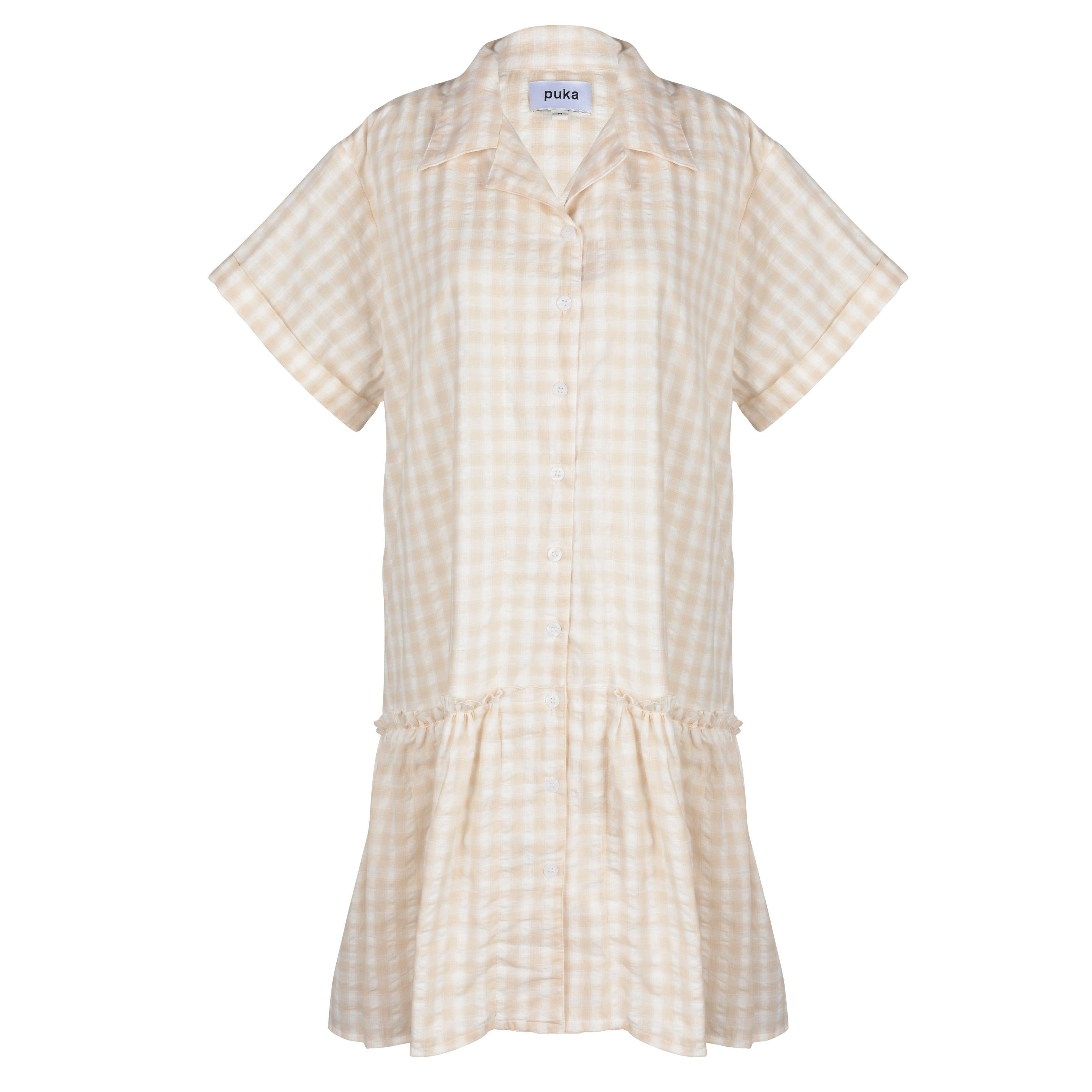 Ripley Dress beige check ghost mannequin flat lay, neutral check cotton short sleeve button-up mini dress 100% cotton Puka The Label 2026