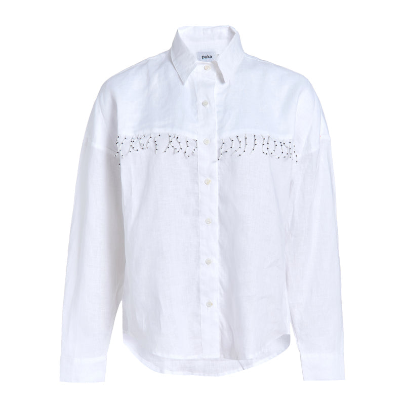 Round Top Texas outfit idea — white fringe linen button-up western shirt by Puka The Label, styled for country concerts and ranch weekends