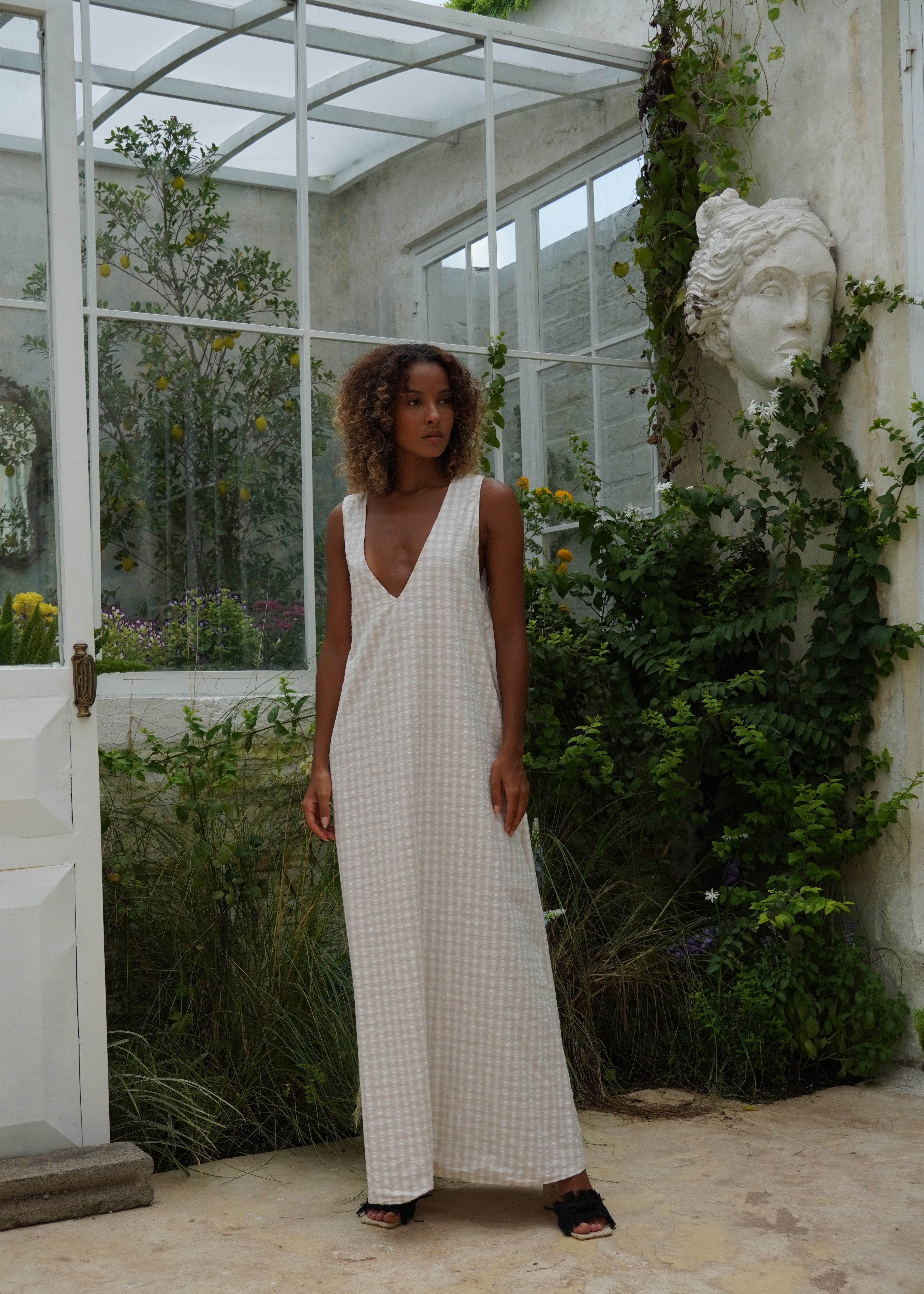 Spring 2026 special occasion dress neutral beige gingham maxi Kentucky Derby graduation outfit idea women