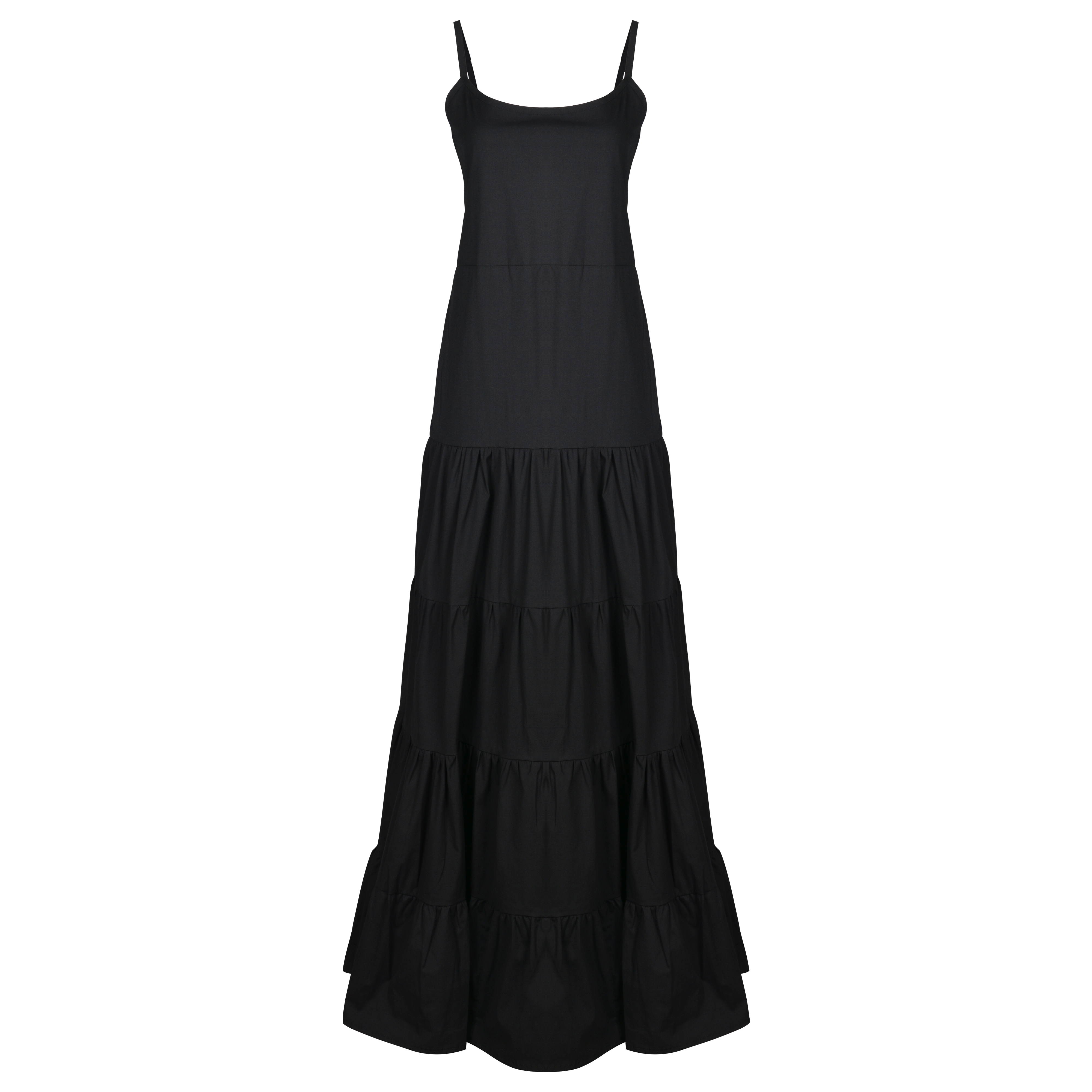 Waverly Dress black ghost mannequin flat lay, tiered cotton maxi dress with adjustable straps and elastic back 100% cotton Puka The Label 2026