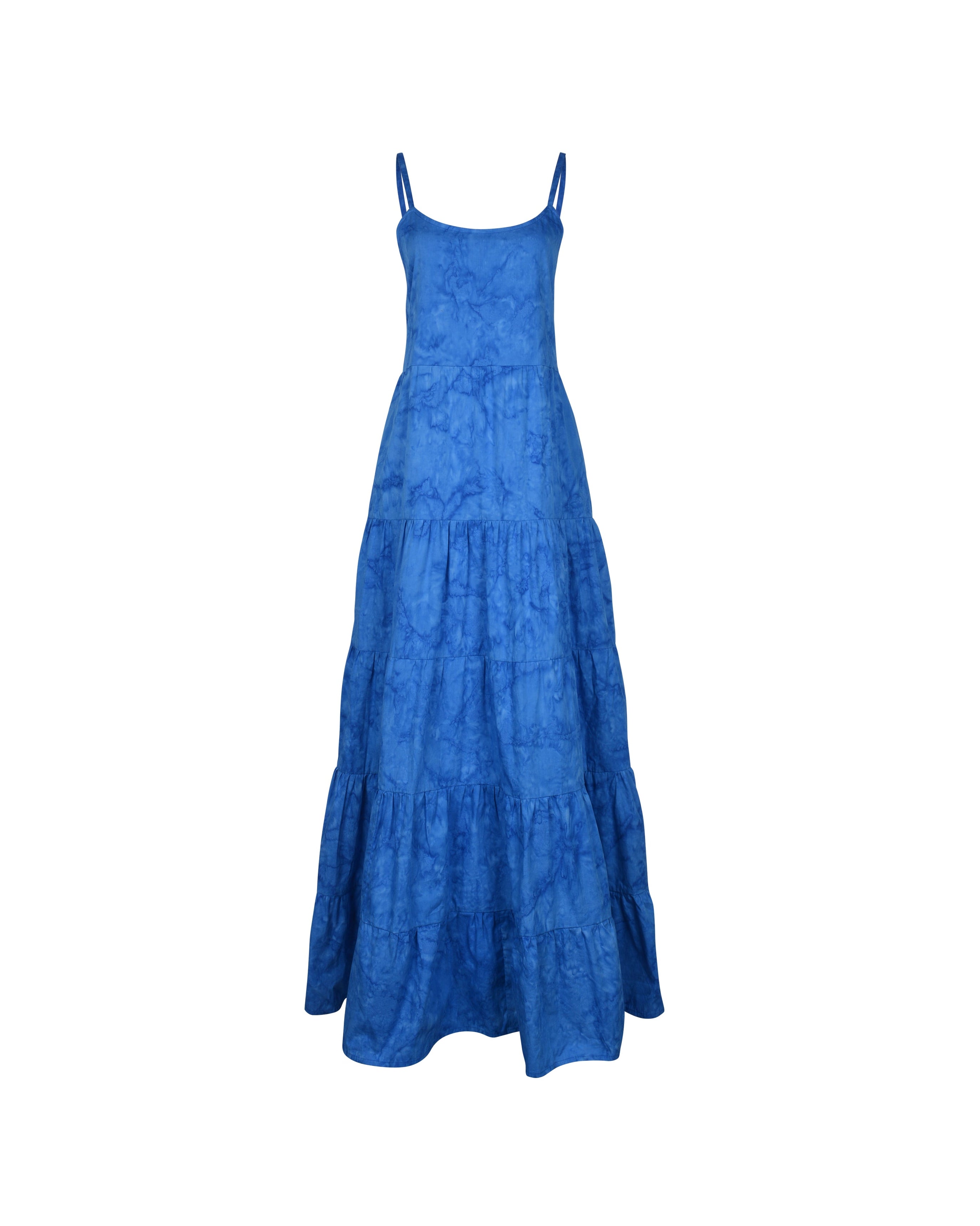 Waverly Dress cobalt blue ghost mannequin flat lay, hand-dyed tiered cotton maxi dress with adjustable straps and elastic back 100% cotton Puka The Label 2026