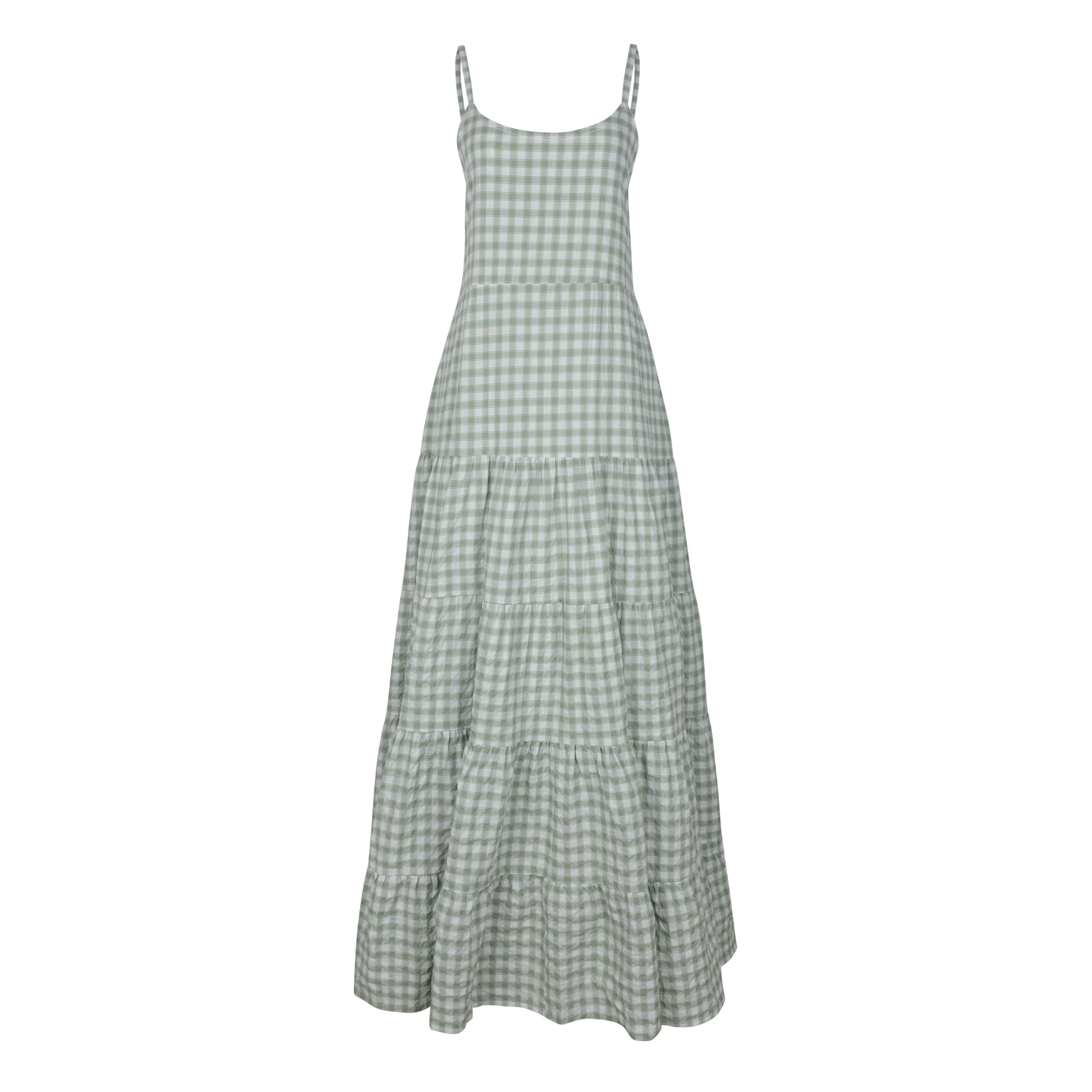 Waverly Dress green gingham ghost mannequin flat lay, tiered cotton maxi dress with adjustable straps and elastic back 100% cotton Puka The Label 2026

