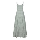 Waverly Dress green gingham ghost mannequin flat lay, tiered cotton maxi dress with adjustable straps and elastic back 100% cotton Puka The Label 2026
