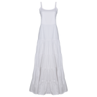 Waverly Dress white ghost mannequin flat lay, tiered cotton maxi dress with adjustable straps and elastic back 100% cotton Puka The Label 2026