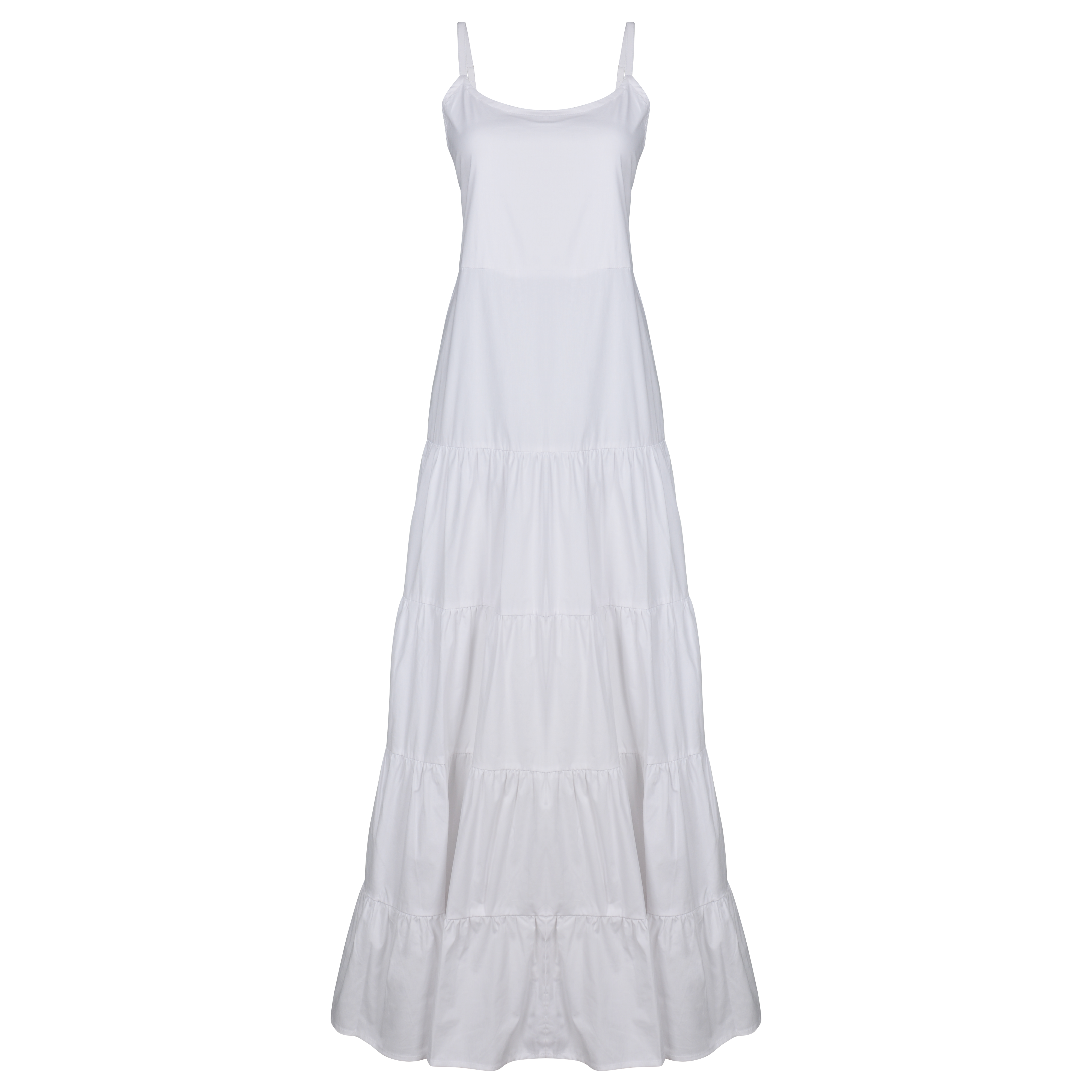 Waverly Dress white ghost mannequin flat lay, tiered cotton maxi dress with adjustable straps and elastic back 100% cotton Puka The Label 2026