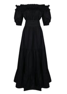 Waves Maxi black flat lay ghost mannequin, off the shoulder tiered cotton maxi dress with belt 95% cotton Puka The Label