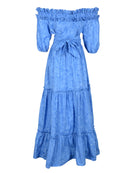 Waves Maxi blue flat lay ghost mannequin, off the shoulder tiered cotton maxi dress with belt 100% cotton Puka The Label
