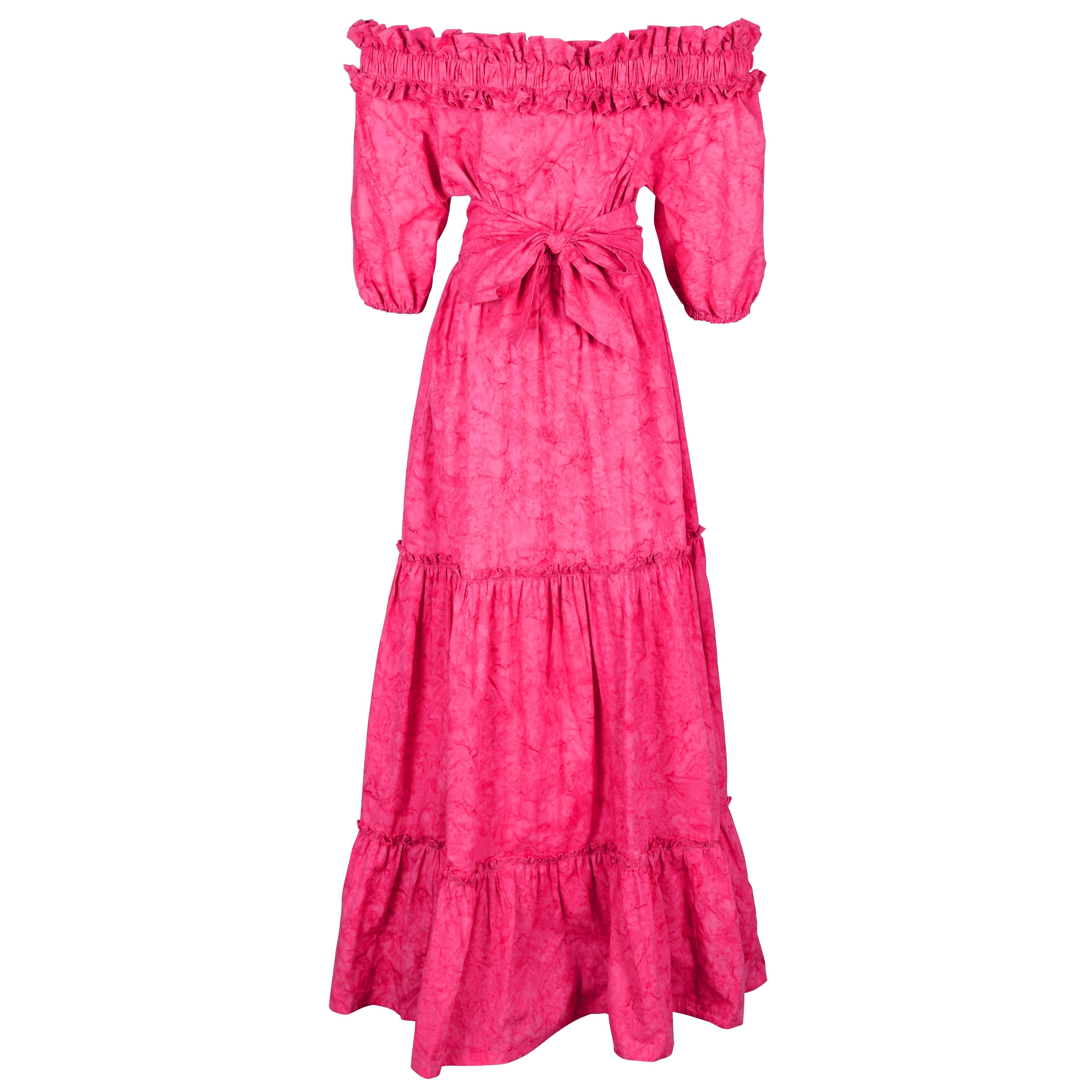 Waves Maxi pink flat lay ghost mannequin, off the shoulder tiered cotton maxi dress with belt 100% cotton Puka The Label
