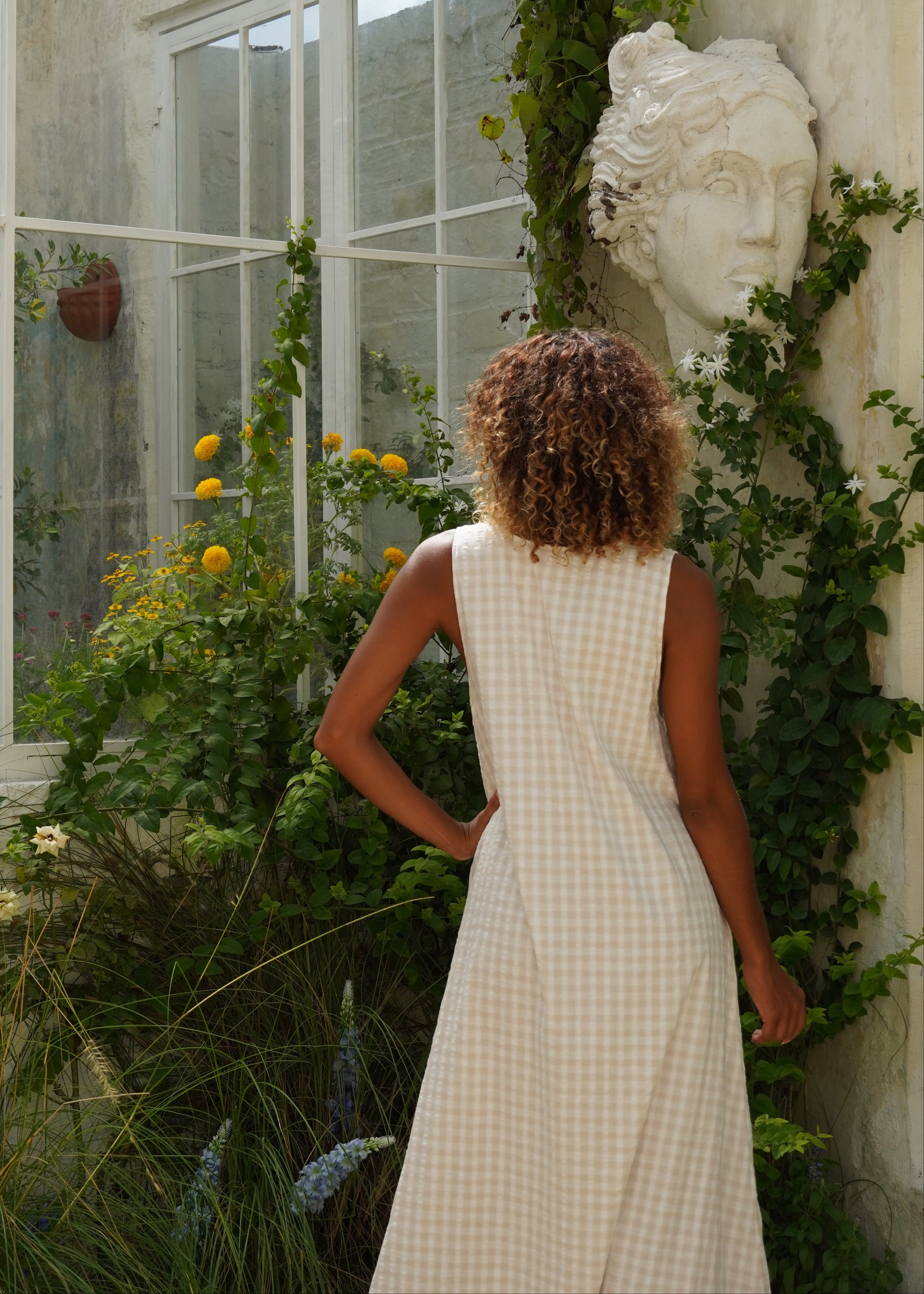Effortless garden party dress — beige gingham maxi with sandals, quiet luxury spring look, Puka The Label