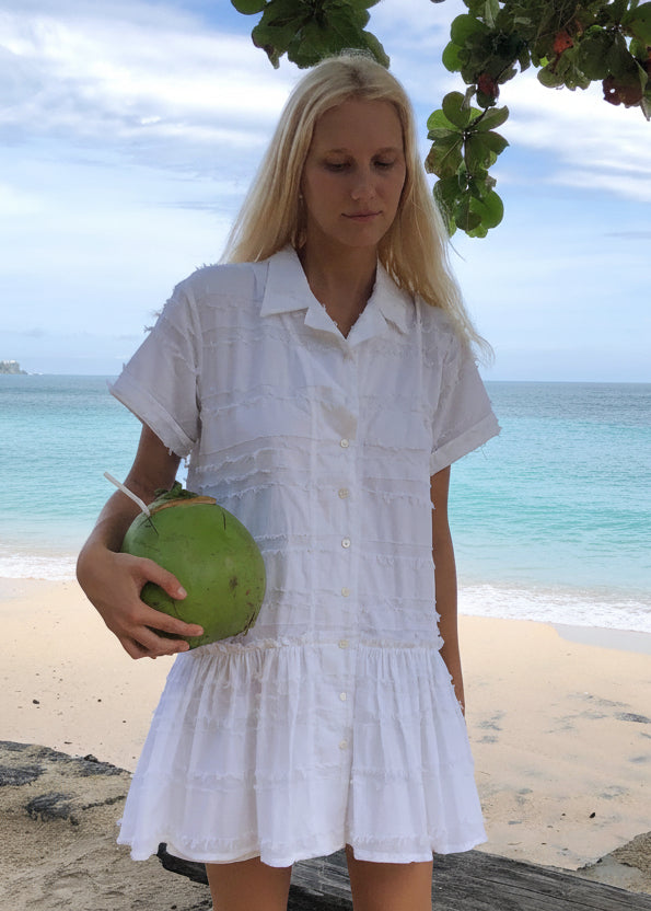 White cotton button-up mini dress — effortless beach club dress for a Hamptons summer day