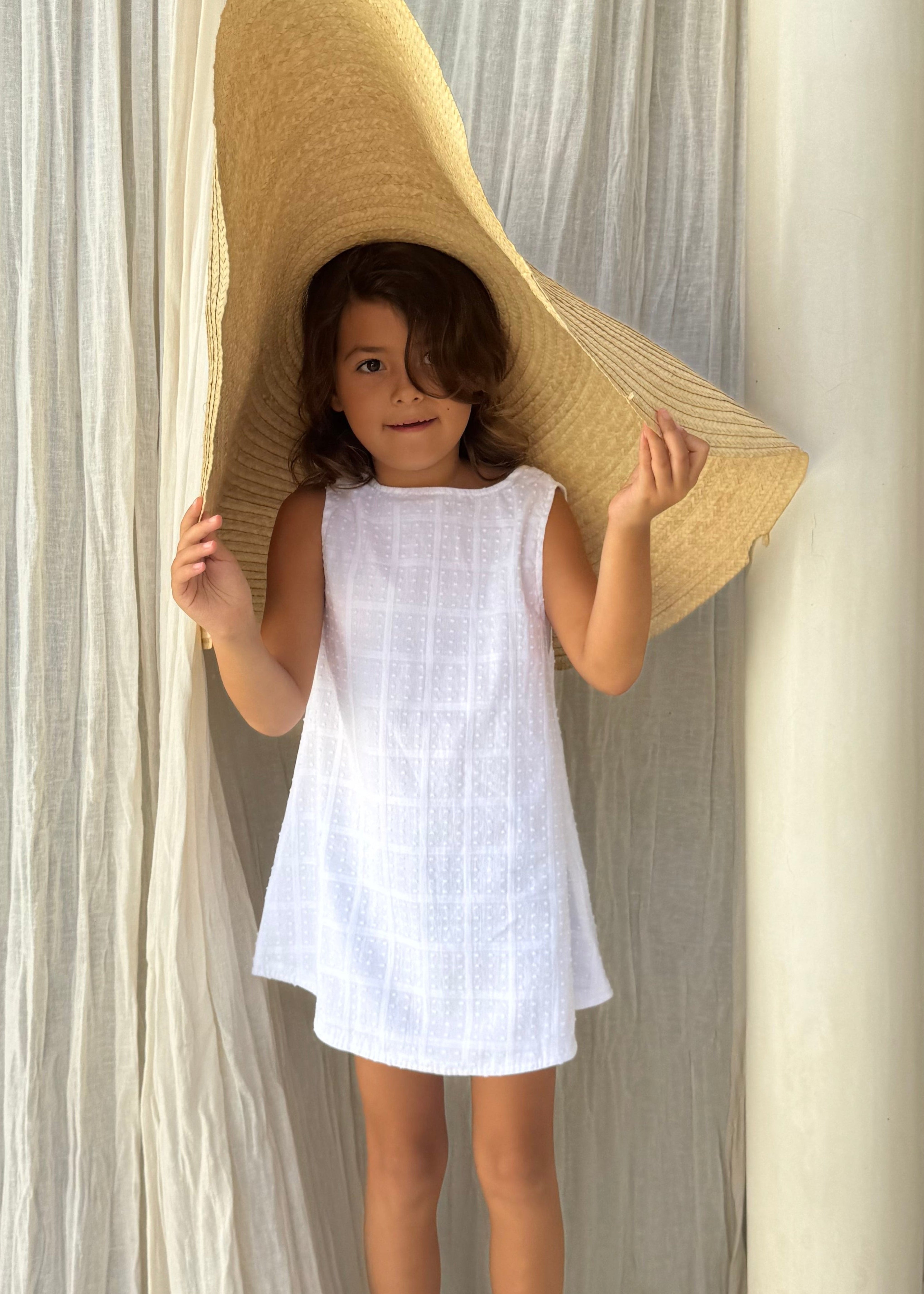 spring dress for girls Little Gili White Square Dot Kids Dress | Girls Flower Girl & Mommy & Me Cotton Dress