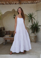 hite tiered cotton maxi dress beach vacation outfit summer 2026, flowy adjustable strap Waverly Dress Puka The Label