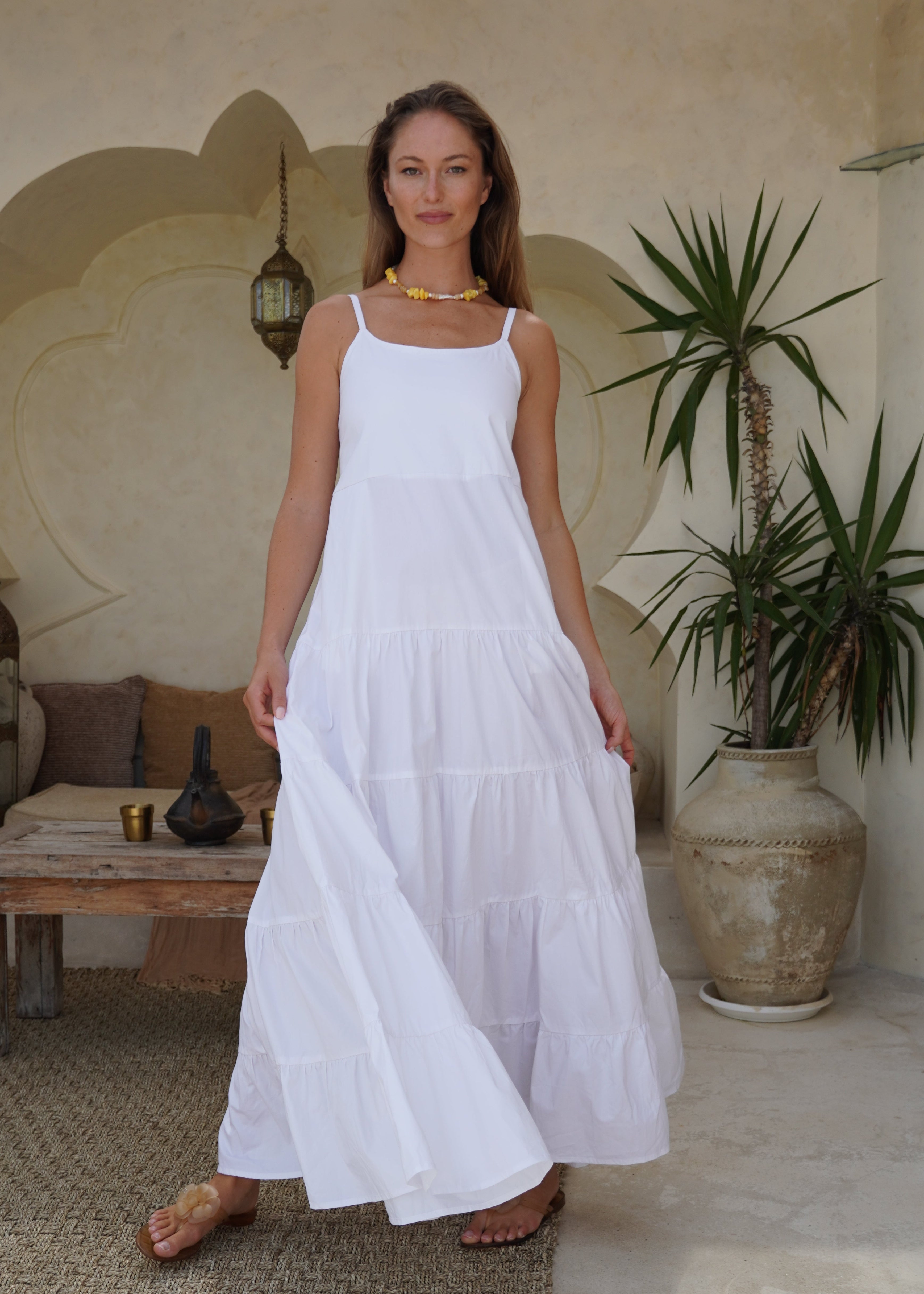 White tiered cotton maxi dress Mother's Day and graduation brunch outfit 2026, effortless flowy dress for spring and summer celebration Puka The Label