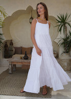 White tiered cotton Waverly Dress lake house weekend and summer getaway outfit 2026, flowy adjustable strap maxi dress for coastal and waterside occasion