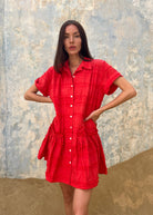 Coral cotton mini dress 4th of July and Cinco de Mayo summer celebration outfit 2026, bright feminine button-up dress for outdoor summer party and beach town dinner