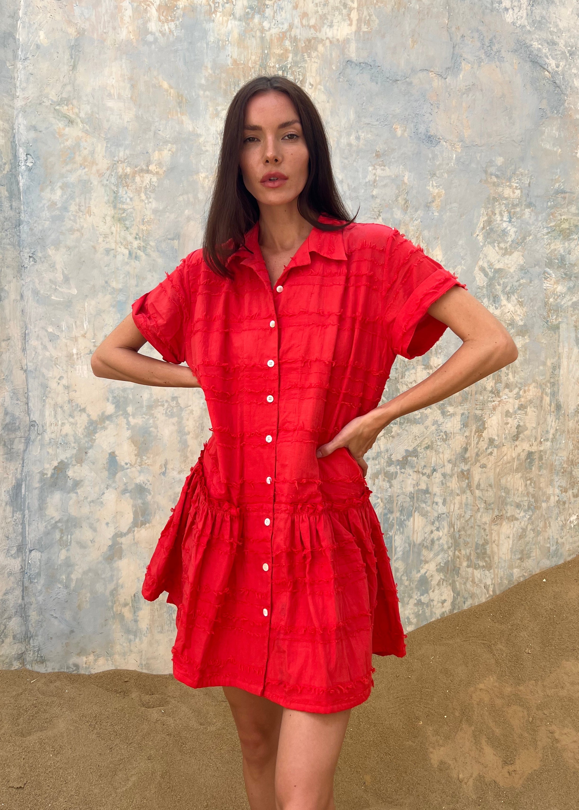 Coral cotton mini dress 4th of July and Cinco de Mayo summer celebration outfit 2026, bright feminine button-up dress for outdoor summer party and beach town dinner