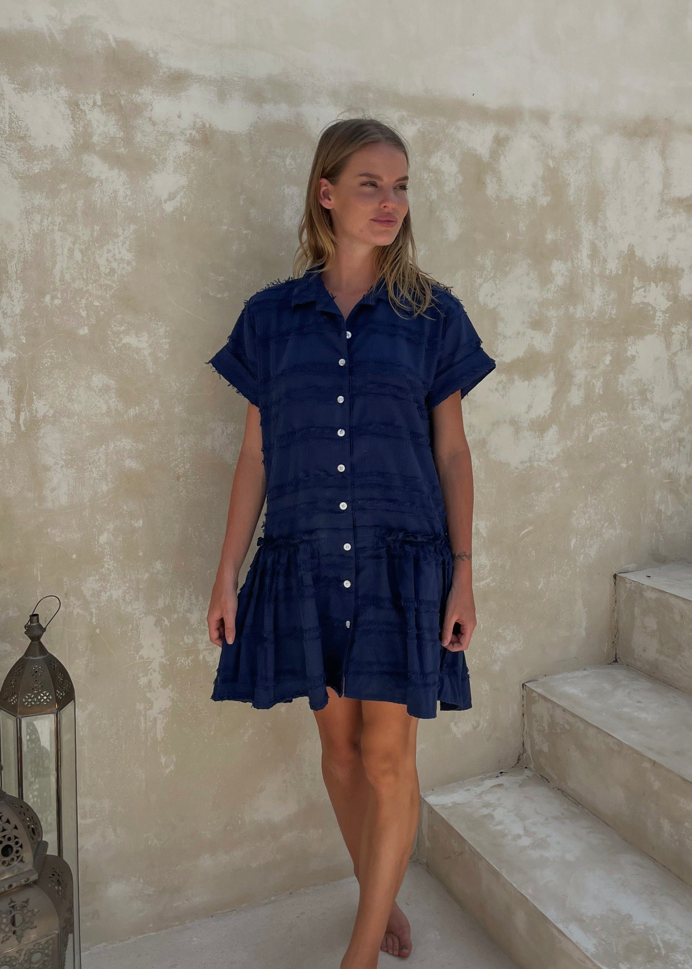 Navy short sleeve cotton dress — the perfect beach club dress and country club lunch outfit in Chatham or Cape Cod