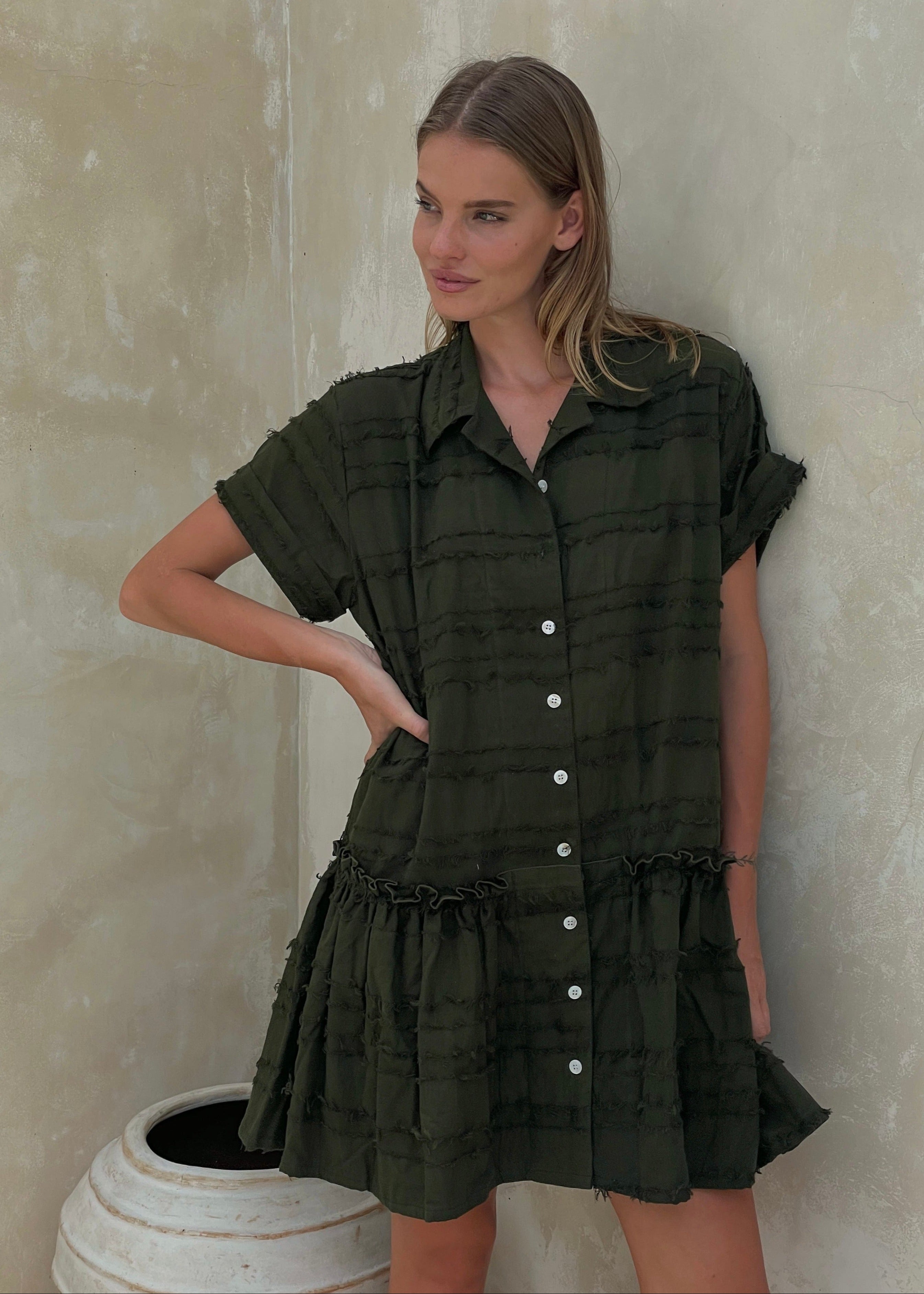 Olive green textured cotton button-up dress garden party and vineyard visit outfit 2026, earthy preppy mini dress for outdoor summer and fall occasion