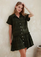 Olive green cotton mini dress farmers market and apple picking outfit fall 2026, relaxed button-up dress for outdoor autumn outing and harvest season