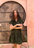Olive green short sleeve cotton dress East Coast fall getaway outfit 2026, effortless coastal prep mini dress for Cape Cod and lake house weekend