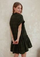 Olive green button-up cotton dress outdoor concert and lake house outfit 2026, versatile mini dress for late summer and fall transitional dressing