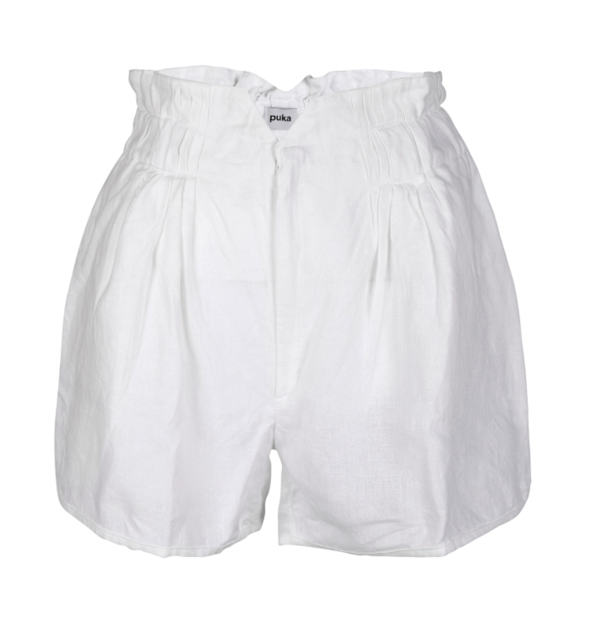 White high-waist linen Pantai shorts with zip front and two pockets — Puka The Label beach shorts