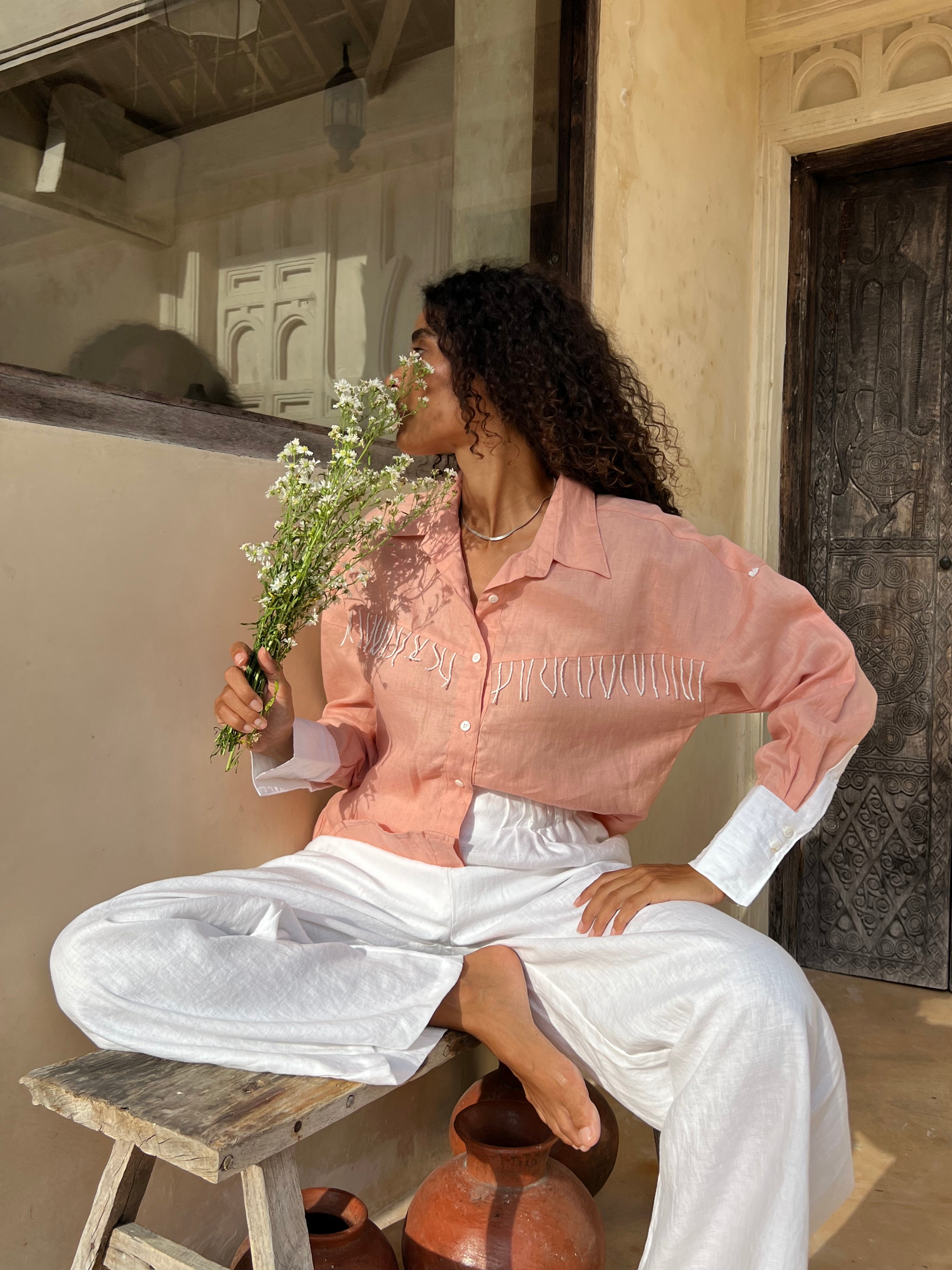 Puka The Label Oversized Ulu in peach with white fringe — Texas style western blouse perfect for fall and Round Top season