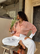 Puka The Label Oversized Ulu in peach with white fringe — Texas style western blouse perfect for fall and Round Top season
