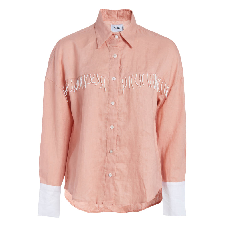 Puka The Label peach Ulu fringe top styled ranch-to-resort — a versatile western button-up blouse for fall and travel