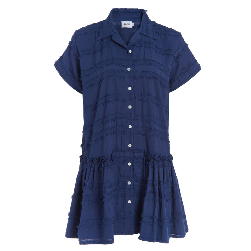 Navy textured cotton short sleeve button-up mini dress — ghost mannequin product photo, Puka The Label