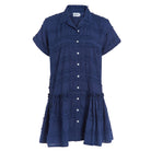 Navy textured cotton short sleeve button-up mini dress — ghost mannequin product photo, Puka The Label