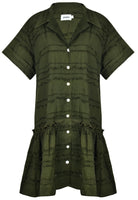 Ripley Dress olive green ghost mannequin flat lay, dark green textured cotton short sleeve button-up mini dress 100% cotton Puka The Label 2026